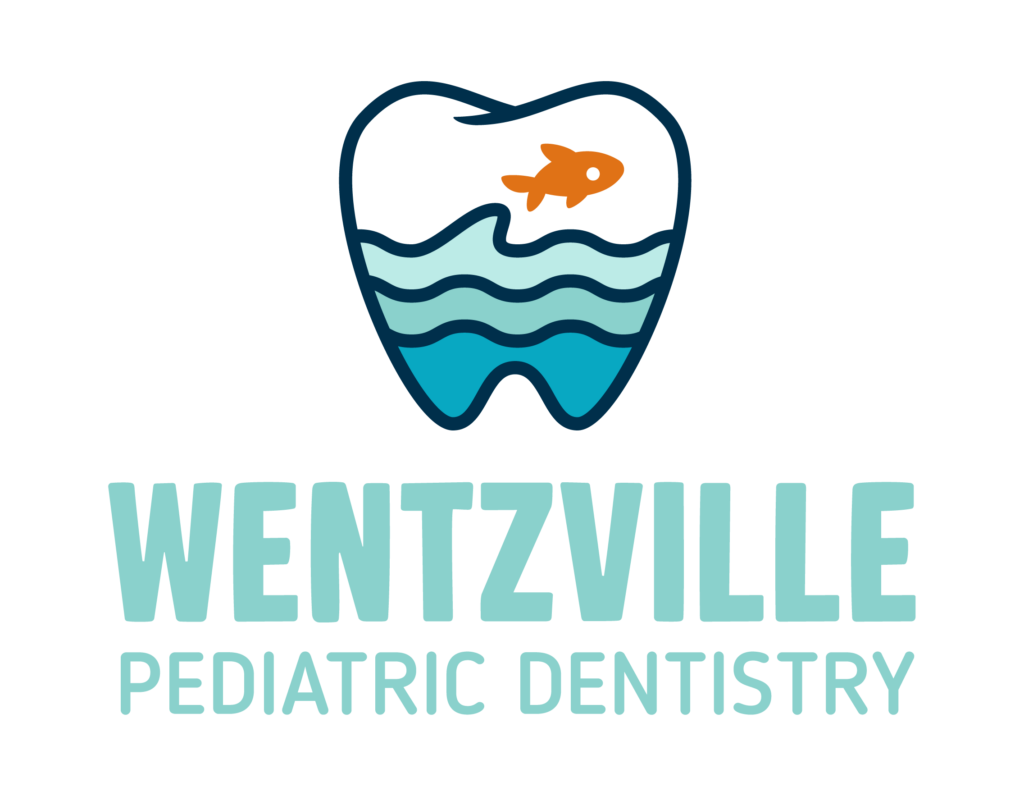 Wentzville Pediatric Dentistry logo featuring a tooth with water waves and fish in Wentzville, MO
